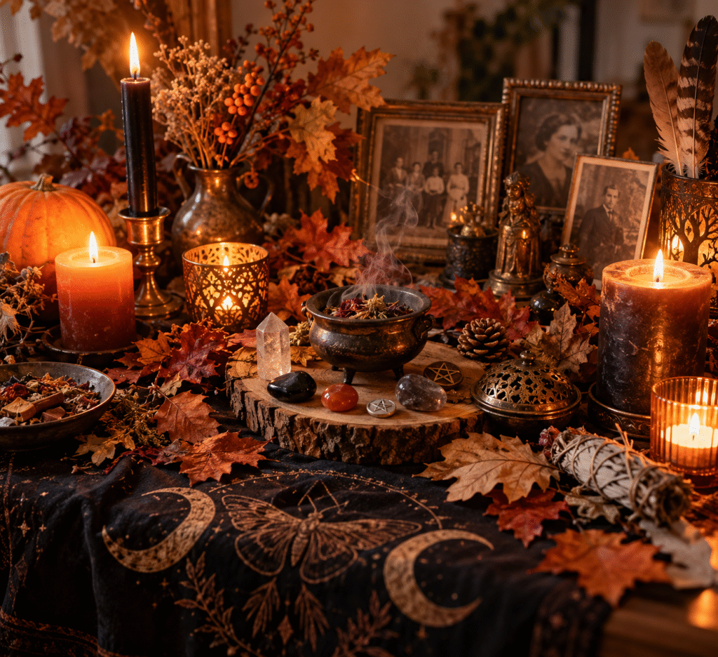 Autel de Samhain avec bougies, feuilles d'automne et pierres pour un rituel d'hommage aux ancêtres