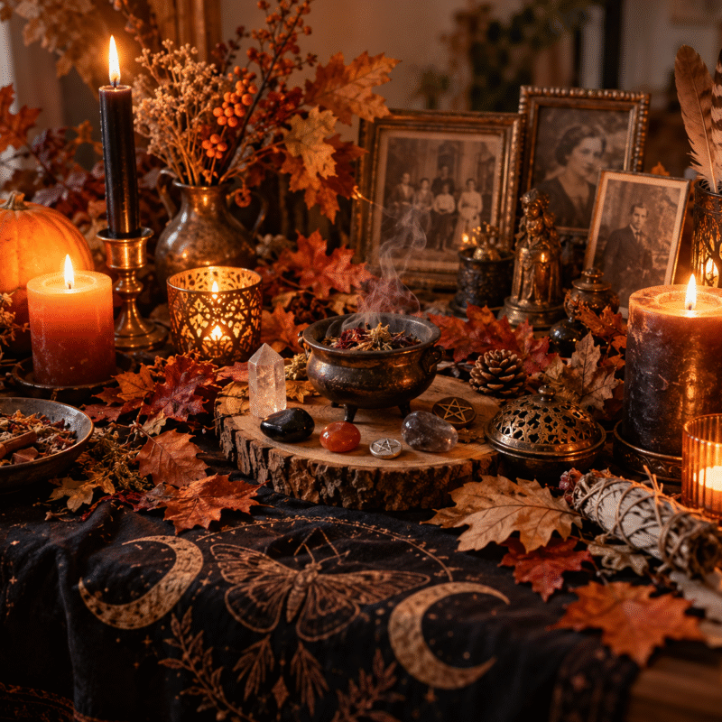 Autel de Samhain avec bougies, feuilles d'automne et pierres pour un rituel d'hommage aux ancêtres