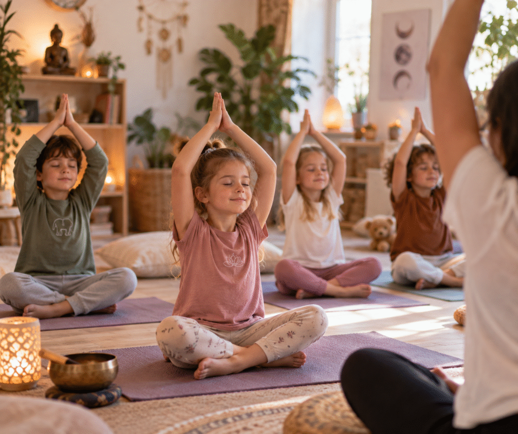 Enfant en posture de yoga, ambiance douce et ludique