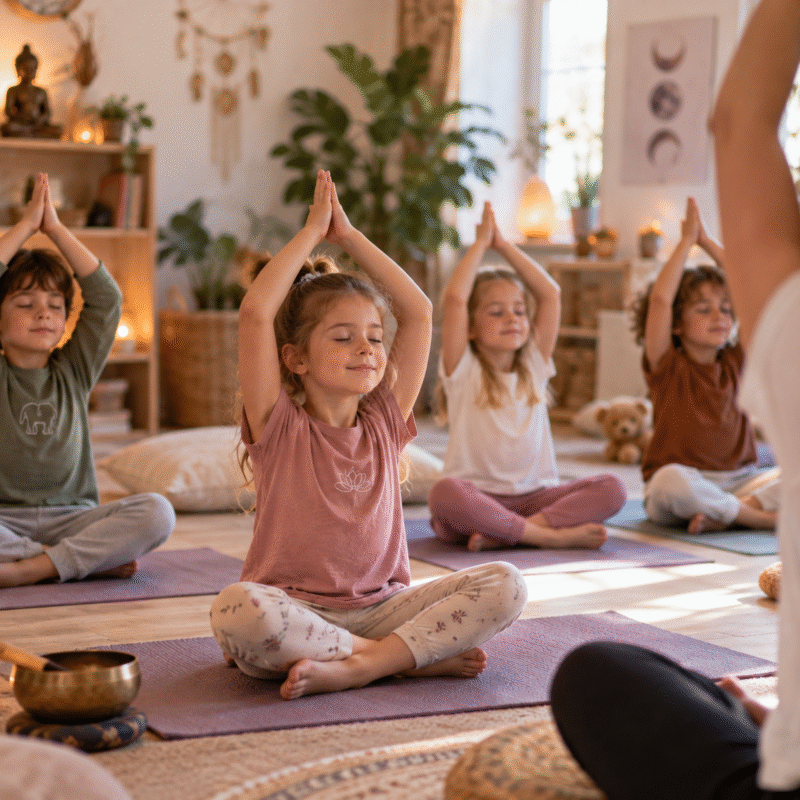 Enfant en posture de yoga, ambiance douce et ludique