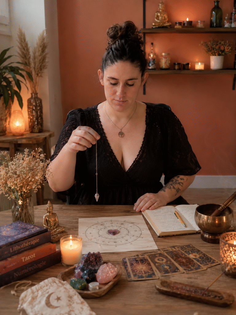 Pierres, tarot et bougie réunis, symbole de pratiques spirituelles combinées