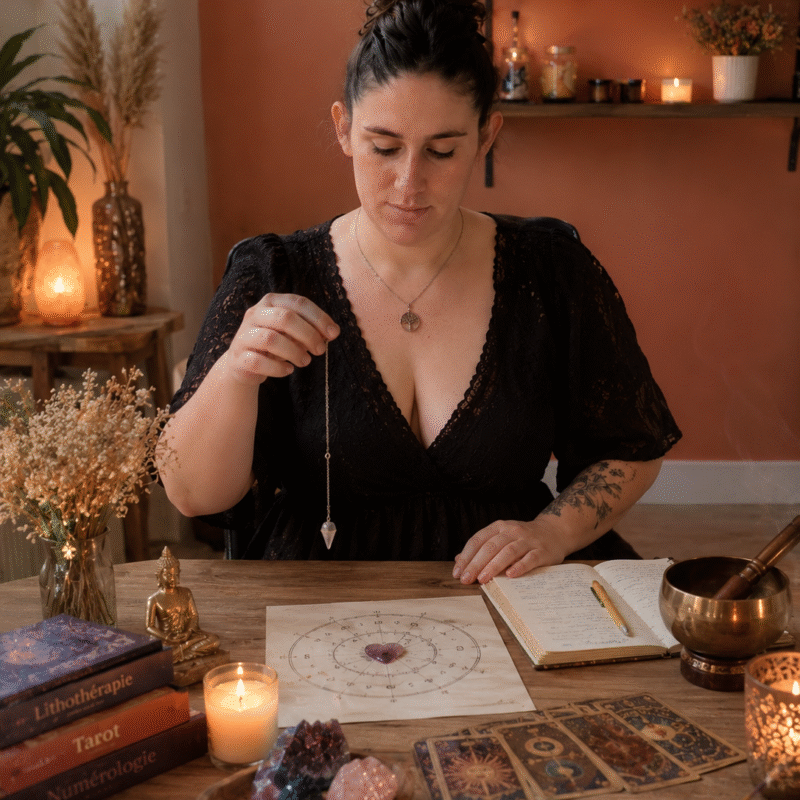 Pierres, tarot et bougie réunis, symbole de pratiques spirituelles combinées