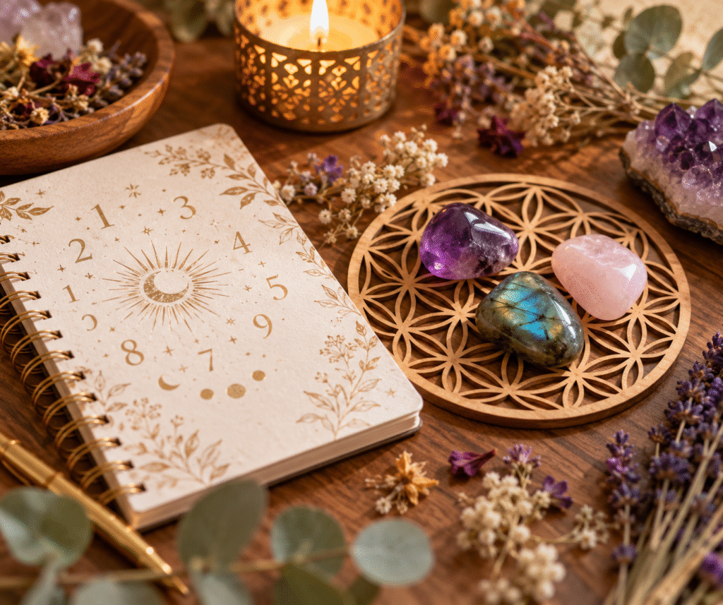 Carnet de calcul de chemin de vie et minéraux sur une table en bois chez Mana Moon