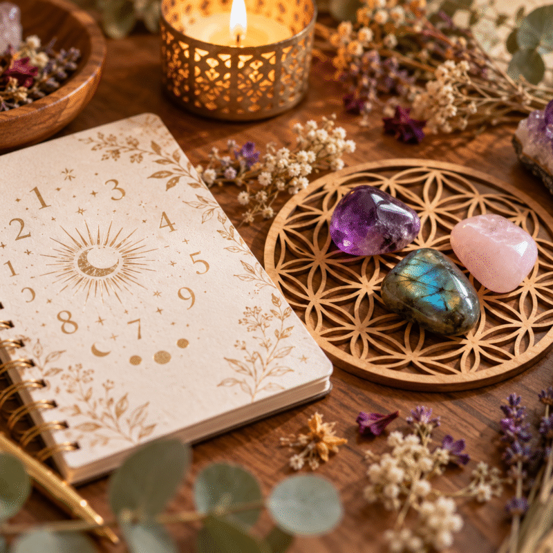 Carnet de calcul de chemin de vie et minéraux sur une table en bois chez Mana Moon