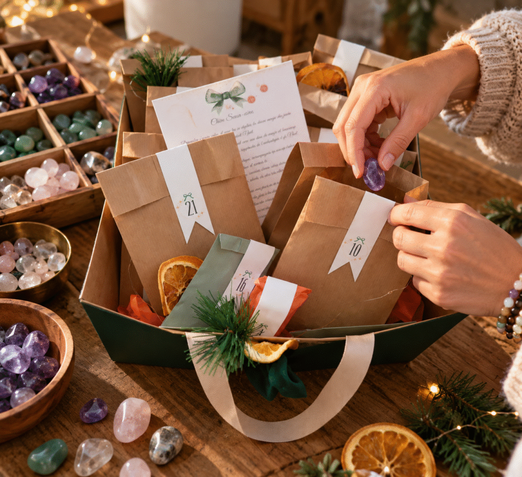 Préparation des calendriers de l'Avent Mana Moon : pierres naturelles et produits bien-être