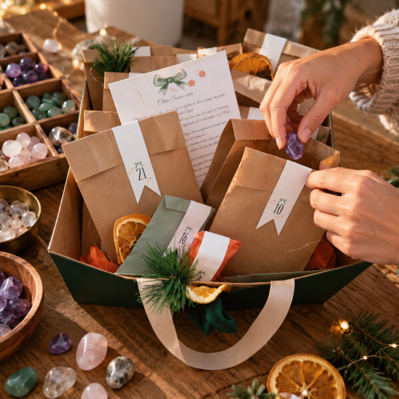 Préparation des calendriers de l'Avent Mana Moon : pierres naturelles et produits bien-être