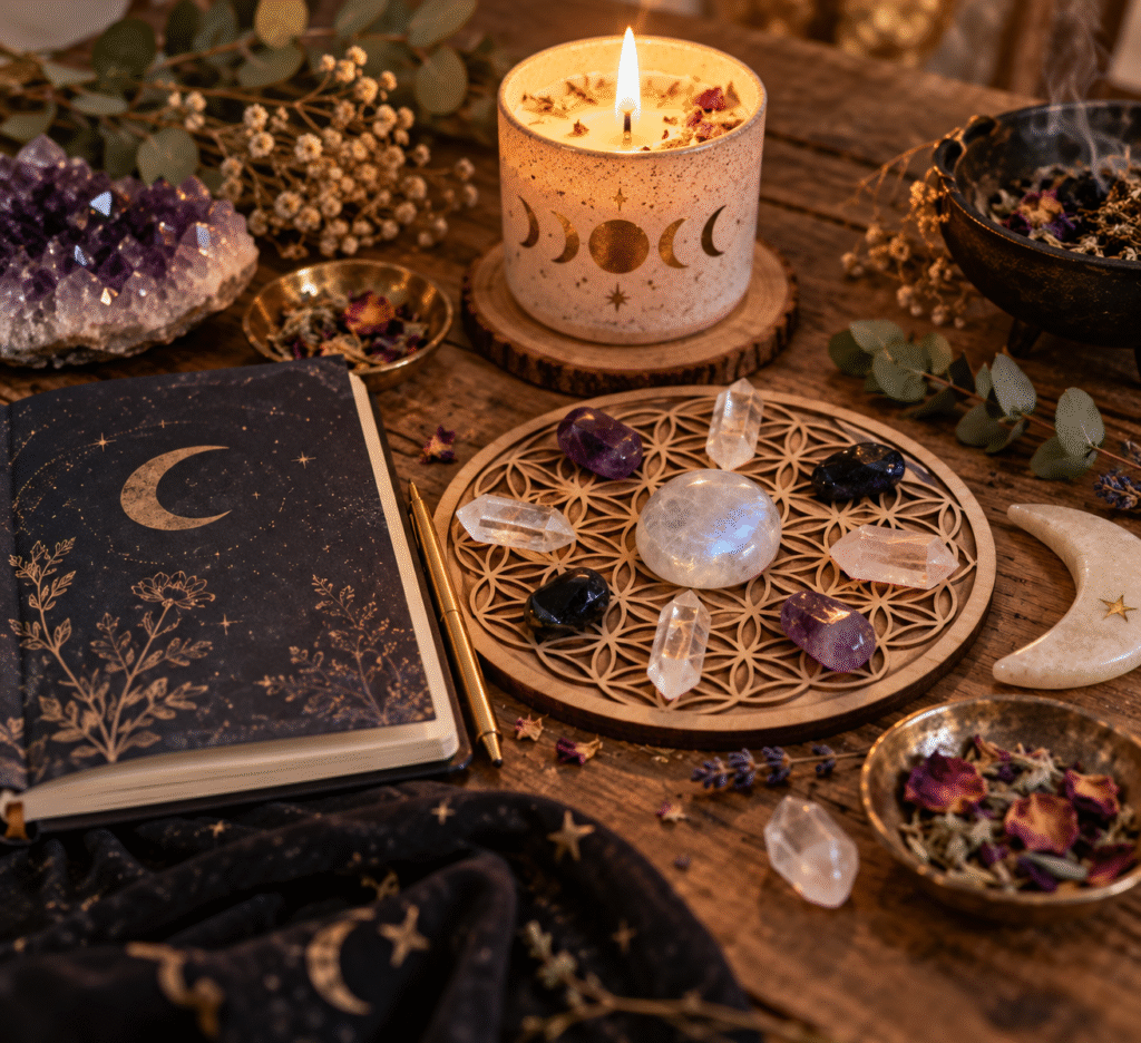 Bougie, carnet et pierres naturelles disposés pour un rituel de nouvelle lune