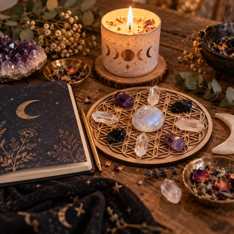Bougie, carnet et pierres naturelles disposés pour un rituel de nouvelle lune