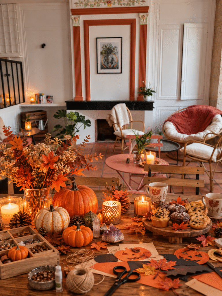 un coin de la boutique décoré pour Halloween (citrouilles, bougies, pierres), avec quelques fournitures de bricolage et un plateau de goûter sur une table en bois