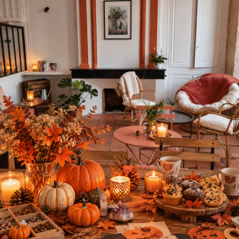 un coin de la boutique décoré pour Halloween (citrouilles, bougies, pierres), avec quelques fournitures de bricolage et un plateau de goûter sur une table en bois