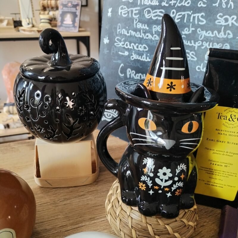 Nouveautés Halloween 2026 à la boutique Mana Moon : brûle-parfum chaudron, bougeoir potion de sorcière et livre Samhain.