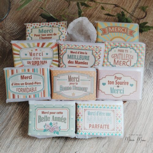 Savon merci parfumé à la pêche de vigne avec message de gratitude, emballé dans un sachet cristal – idée cadeau merci.