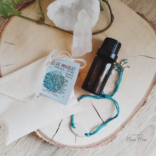 Bracelet aromathérapie énergie – huiles essentielles de menthe poivrée et géranium pour vitalité et tonus