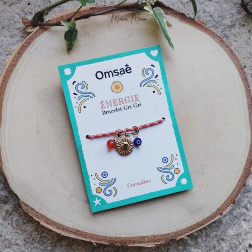 Bracelet gri-gri Énergie avec tournesol, cornaline et œil Nazar. Bijou porte-bonheur pour courage, positivité et confiance en soi.
