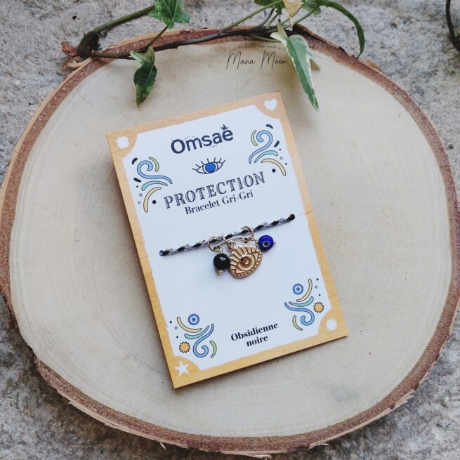 Bracelet gri-gri Protection avec obsidienne noire, œil Nazar et cordon tressé. Bijou porte-bonheur contre les énergies négatives et pour la paix intérieure.