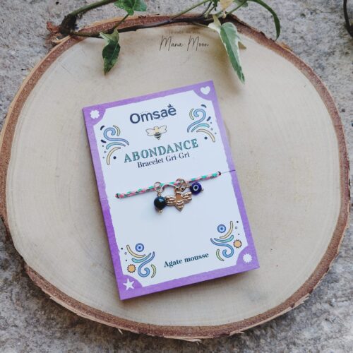 Bracelet gri-gri Abondance avec abeille, agate mousse et œil Nazar. Bijou porte-bonheur pour confiance en soi et réussite personnelle.