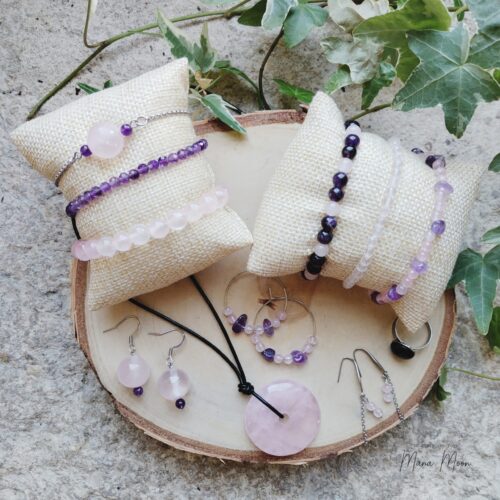 Bijoux Collection Maman en quartz rose et améthyste, bracelet douceur et amour