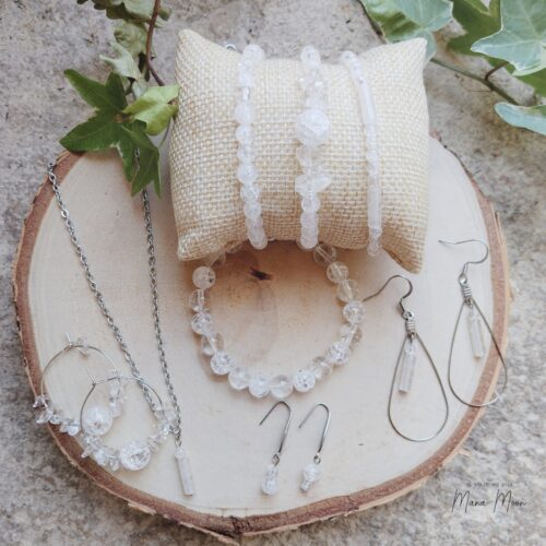 Collection clarté, bijoux fait main en cristal de roche et acier inoxydable