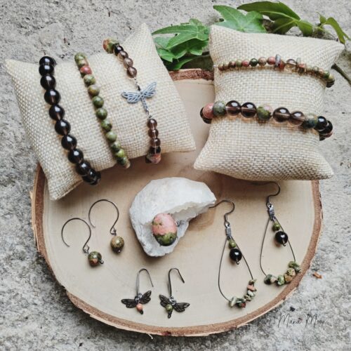 Collection de bijoux Transformation en Unakite et Quartz Fumé, artisanat Mana Moon