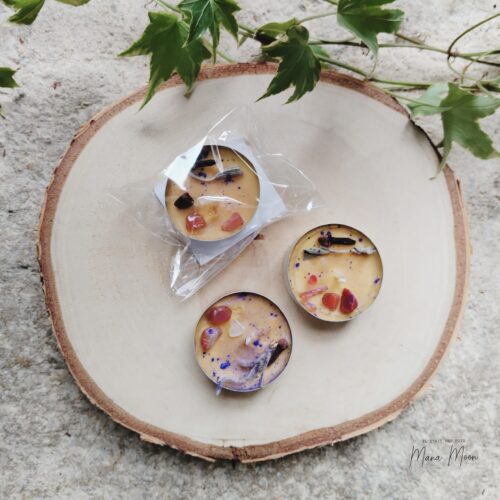 Chauffe-plats parfumés "Mabon", bougies artisanales en cire de soja, parfum automnal à la pomme, pamplemousse, fleurs blanches, cèdre, musc, vanille et fève tonka, décorés de cornaline, sauge et clou de girofle, pour célébrer l’équinoxe et l’abondance.