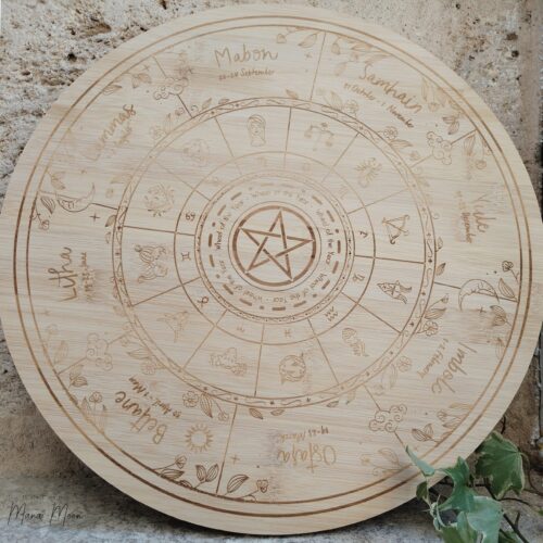 planche de service roue de l’année bois gravé sabbats païens décoration wicca rituel spirituel
