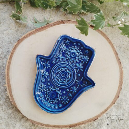 porte-encens céramique main de hamsa bleu nuit symbole de protection wicca zen