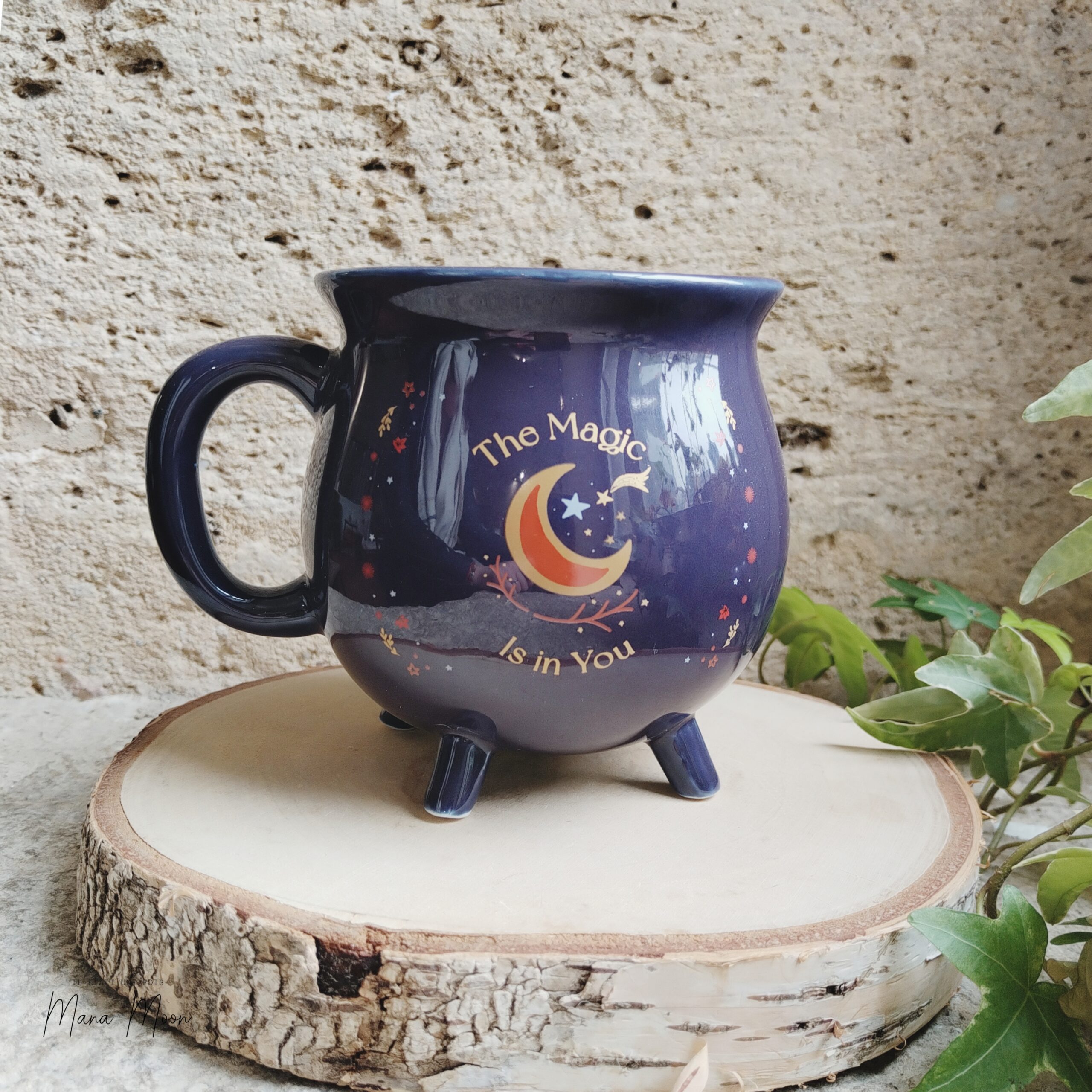 InCollage_20260127_151915628 Tasse chaudron bleu nuit avec étoiles dorées et croissant de lune – La magie est en toi