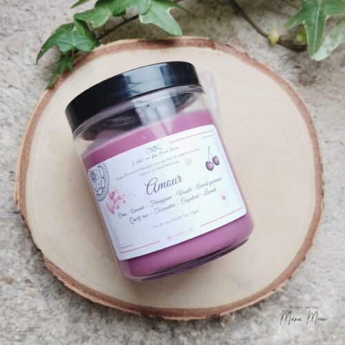 Bougie d’intention AMOUR 200g artisanale avec quartz rose et tourmaline multicolore