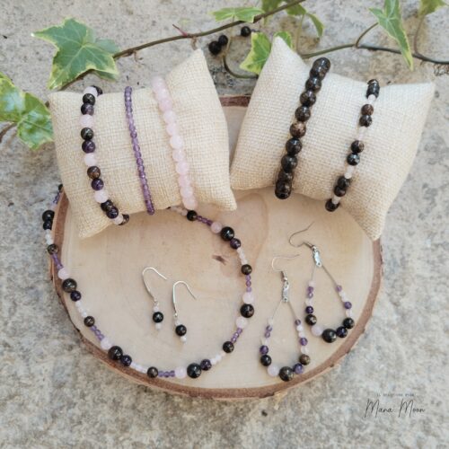 Bijoux en bronzite, améthyste et quartz rose – Collection Paix Intérieure