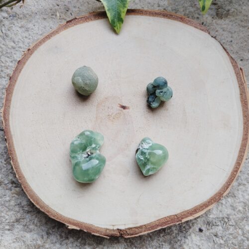 Pierre brute et polie de Préhnite vert pâle, symbole de clarté mentale, estime de soi, et connexion à la nature.