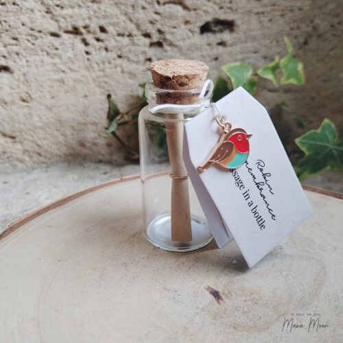 Fiole message rouge gorge en verre avec mot souvenir cadeau symbolique