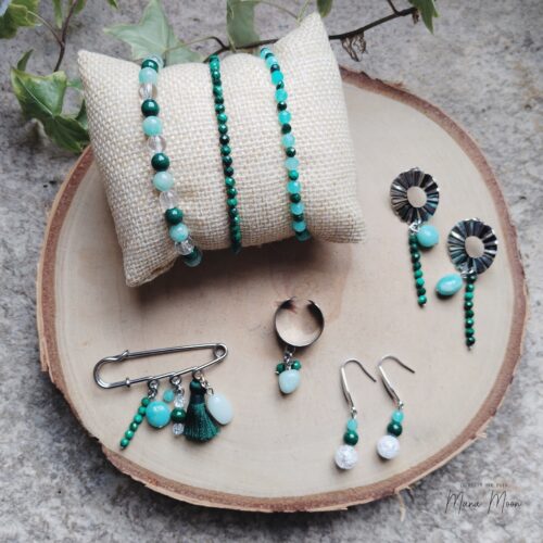 Bijoux en malachite, amazonite et cristal de roche – Collection Mum