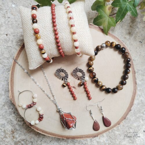 Bijoux en œil de tigre, jaspe rouge et calcite orange – Collection Litha