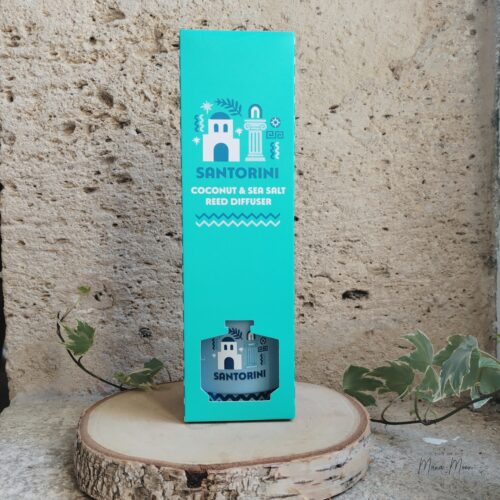 Diffuseur à bâtonnets Santorini de 100 ml au parfum Noix de Coco et Sel Marin, idéal pour parfumer durablement la maison avec une fragrance fraîche, marine et exotique.