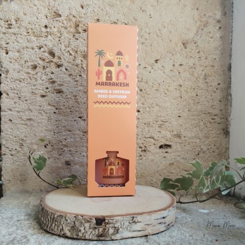 Diffuseur à bâtonnets Marrakech au parfum Ambre et Safran, idéal pour parfumer durablement la maison avec une fragrance orientale chaleureuse.