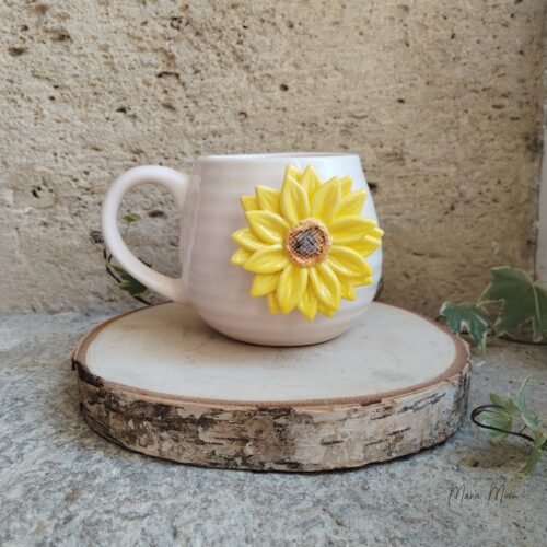 Tasse en céramique Tournesol 3D de 450 ml avec grande fleur en relief, idéale pour le thé, le café et les boissons chaudes. 🌻
