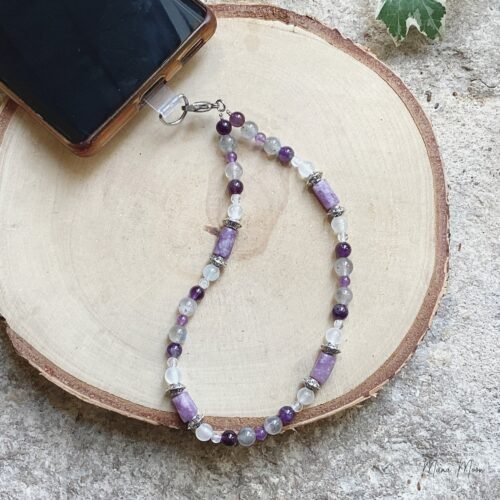 Cordon de téléphone en améthyste, lépidolite et labradorite fait main