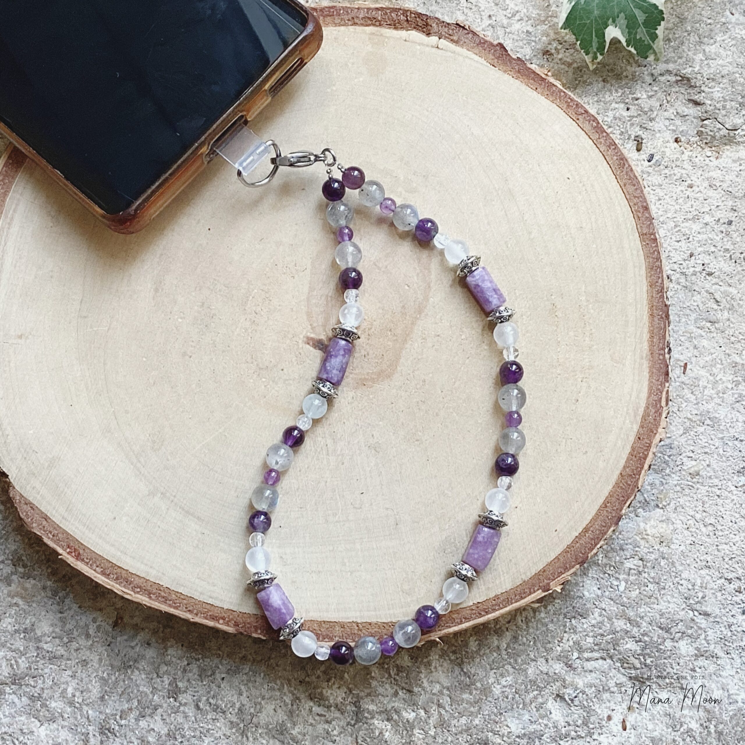 Cordon de téléphone en améthyste, lépidolite et labradorite fait main
