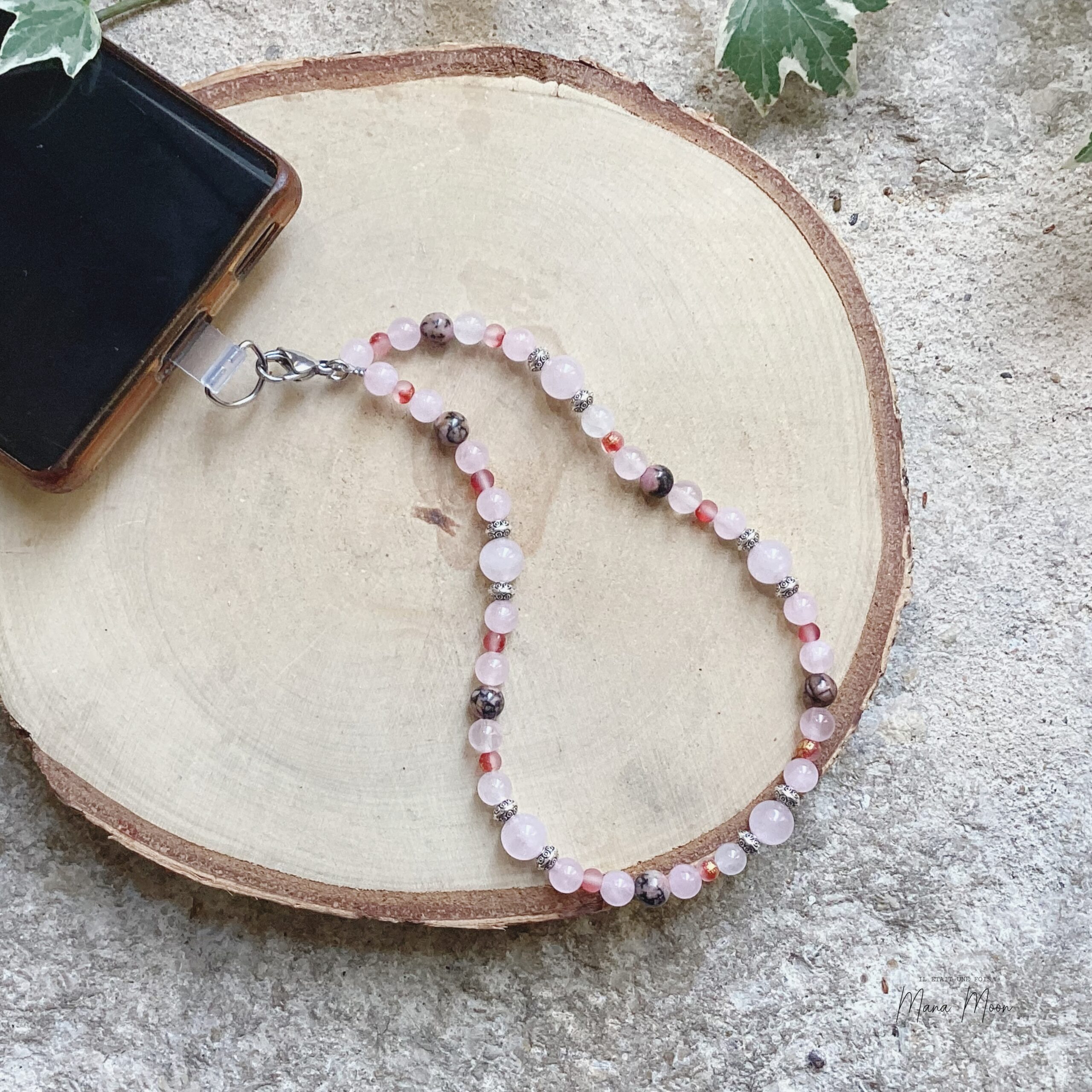 Cordon de téléphone en quartz rose et rhodonite fait main