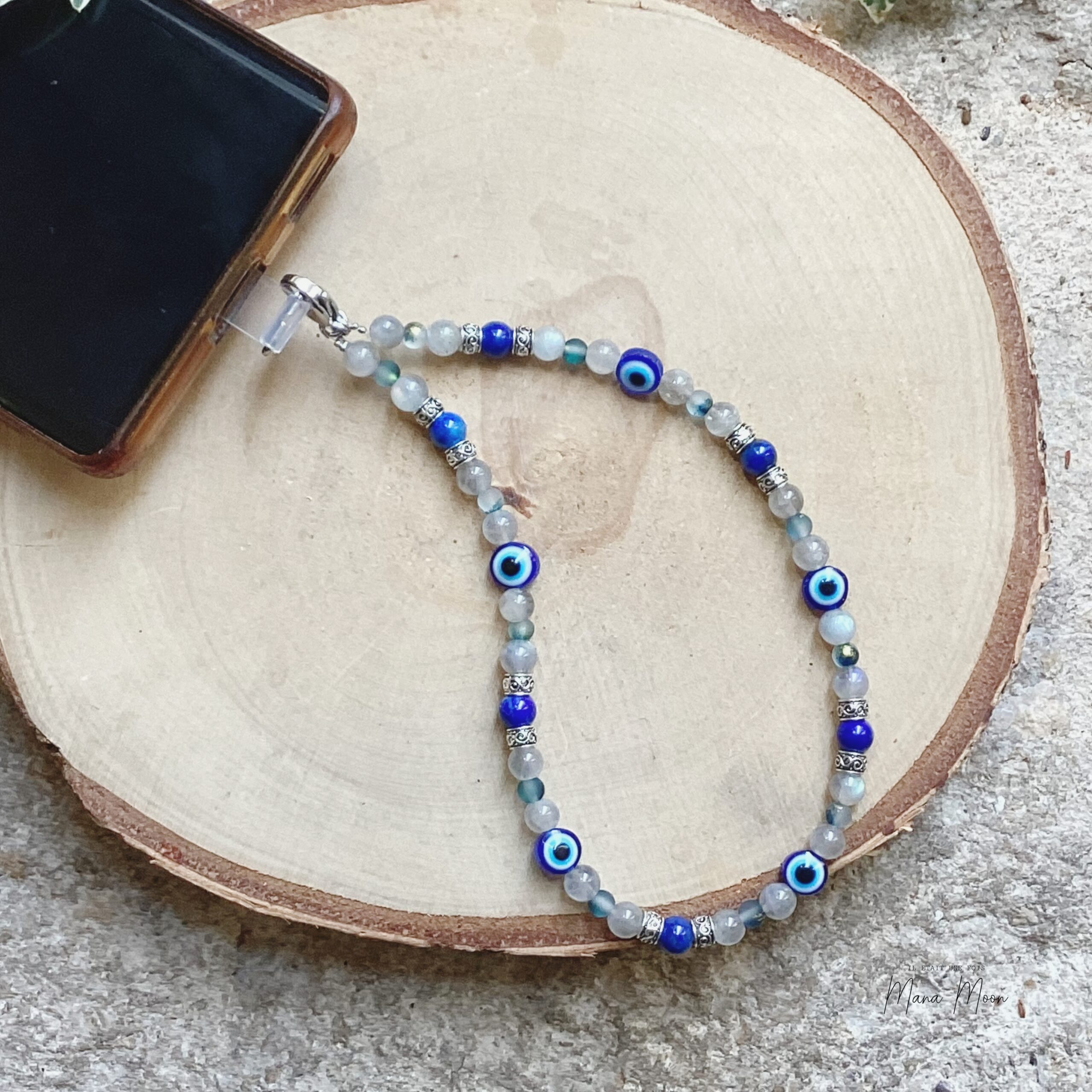 Cordon de téléphone en labradorite et lapis lazuli fait main