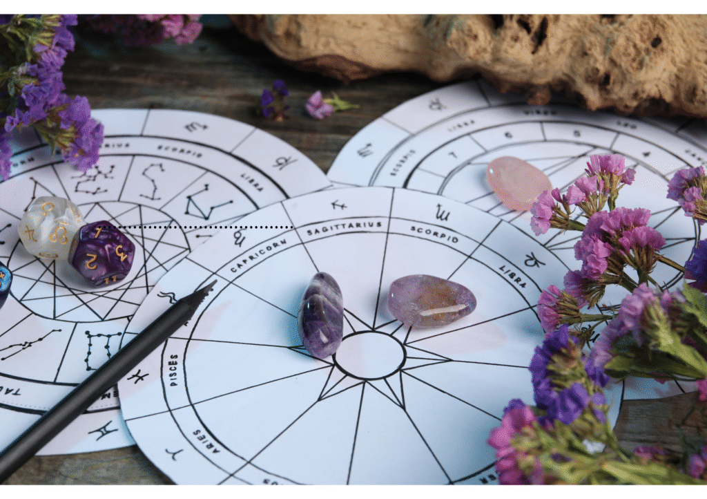 Roue du zodiaque entourée de pierres de lithothérapie