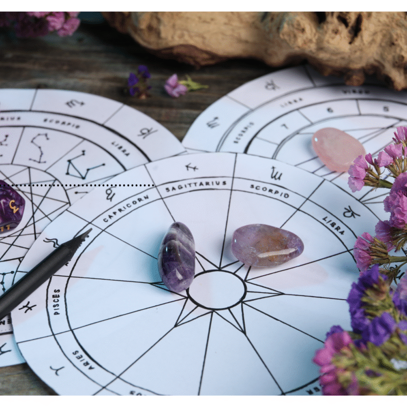 Roue du zodiaque entourée de pierres de lithothérapie