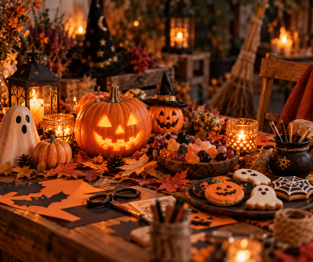 Table d'automne avec citrouille, bougies et pierres pour illustrer la différence entre Halloween et Sam