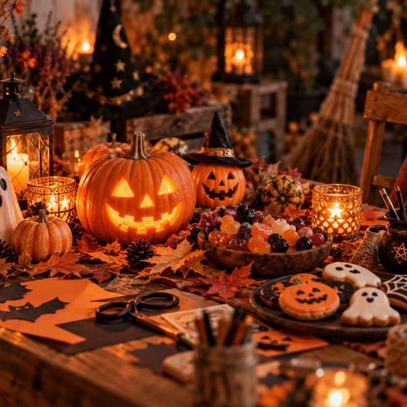 Table d'automne avec citrouille, bougies et pierres pour illustrer la différence entre Halloween et Sam